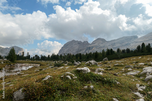 A panoramic view on a valley with a torrent along it in Italian Dolomites. Sharp and stony mountain chains in front. Few boulders on the green meadow. Dense forest at the foothill. A bit of overcast photo