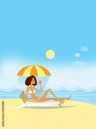 Girl in a swimsuit with an apple in her hand. Lies on a chaise longue under an umbrella on the beach on a clear sunny day. Holidays, sea rest. Illustration.