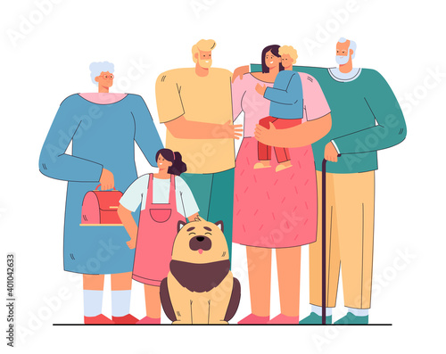 Loving happy big family standing together isolated flat vector illustration. Cartoon mother, father, grandpa, grandma, children and dog. Generation and relationship concept