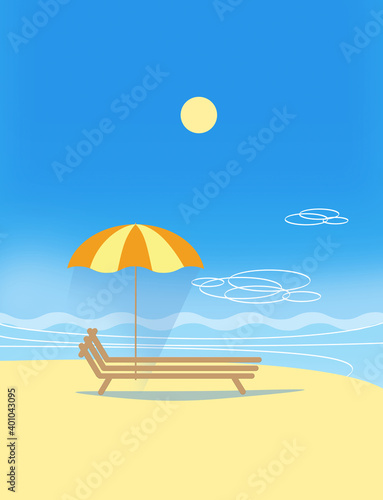 Deck chair under an umbrella on the beach on a clear sunny day. Holidays, sea rest. Illustration.