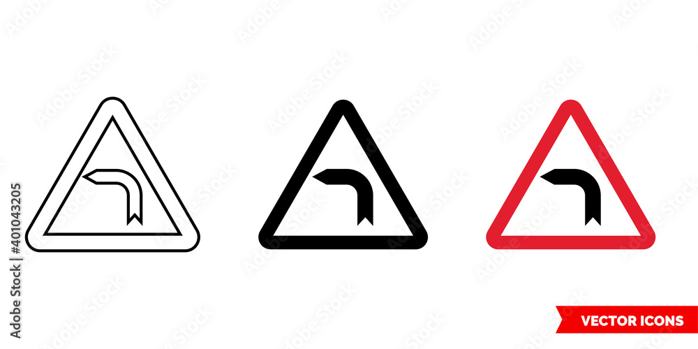German road sign dangerous curve to the left icon of 3 types color, black and white, outline. Isolated vector sign symbol. German road sign dangerous curve to the left icon of 3 types color, black and white, outline. Isolated vector sign symbol.