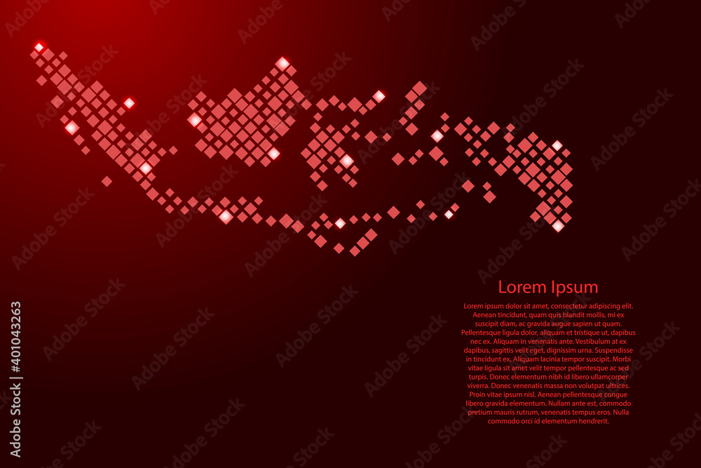 Indonesia map from red pattern rhombuses of different sizes and glowing space stars grid. Vector illustration.