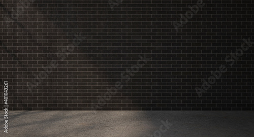 Fototapeta Naklejka Na Ścianę i Meble -  3d rendering of interior. Black brick wall and dirty cement floor with sunray. Loft design. Textured background. Empty unfurnished room.
