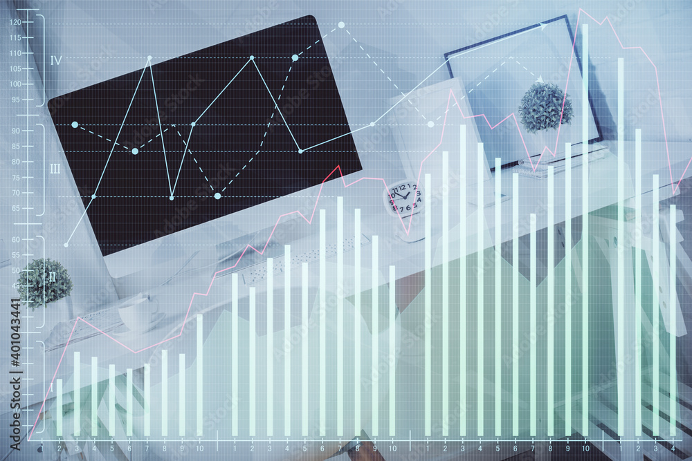 Double exposure of financial graph drawing and office interior background. Concept of stock market. Double exposure of financial graph drawing and office interior background. Concept of stock market.