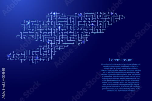 Kyrgyzstan map from blue pattern of the maze grid and glowing space stars grid. Vector illustration. © elenvd