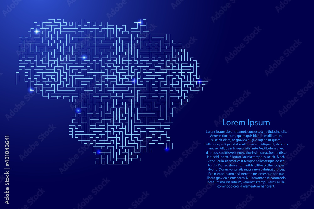 Lithuania map from blue pattern of the maze grid and glowing space stars grid. Vector illustration.