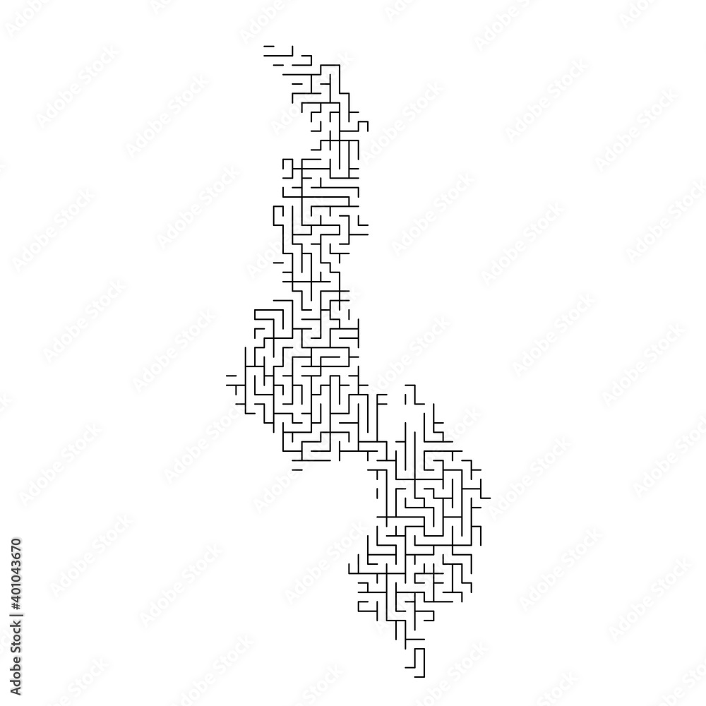 Fototapeta premium Malawi map from black pattern of the maze grid. Vector illustration.