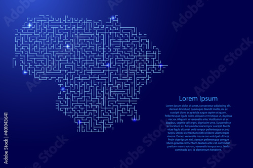 Lithuania map from blue pattern of the maze grid and glowing space stars grid. Vector illustration.