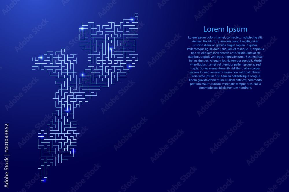 Mozambique map from blue pattern of the maze grid and glowing space stars grid. Vector illustration.