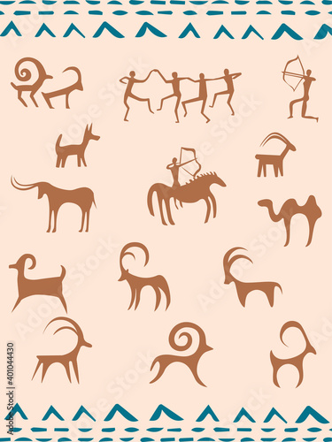 kazakh petroglyphs of animals and hunters photo