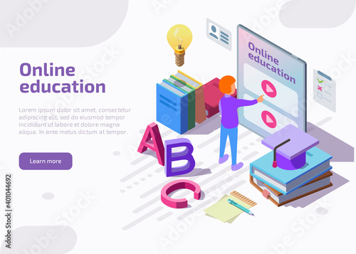 Online education isometric landing page, web banner. Student learning distant video tutorials via website or application at huge screen of tablet. Lesson in internet school, university or college.
