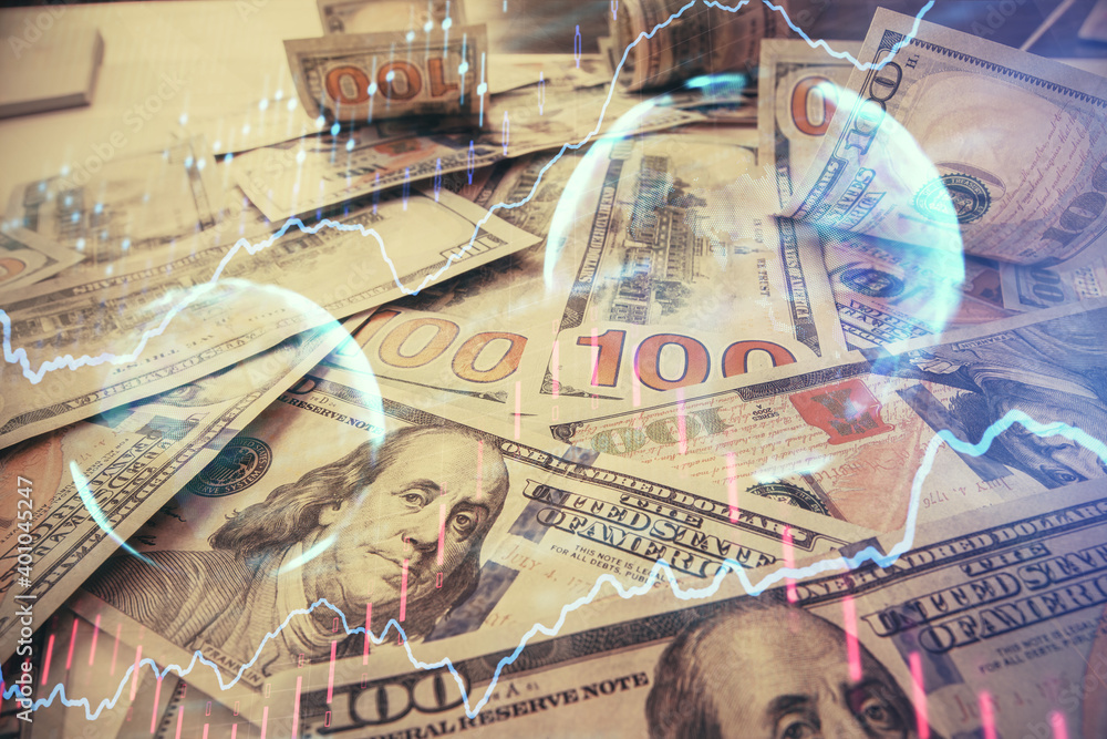 Multi exposure of forex chart drawing over us dollars bill background. Concept of financial success markets. Multi exposure of forex chart drawing over us dollars bill background. Concept of financial success markets.