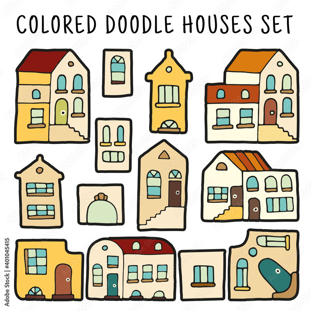 Colored doodle houses set for poster, postcard or illustration