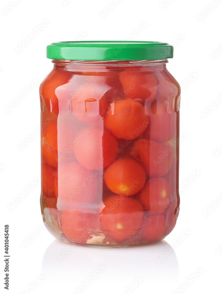 Front view of canned cherry tomatoes in glass jar Front view of canned cherry tomatoes in glass jar