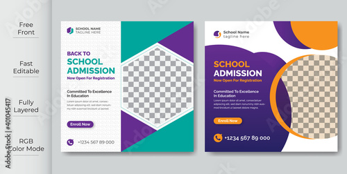 School Students Admission social media post, promotional discount Back to school admission social media post banner template Design.Back to School admission by social media Instagram,Facebook post kit