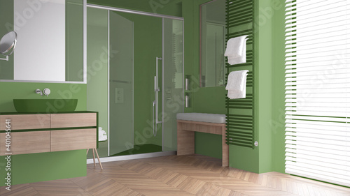 Vászonkép Minimalist bathroom in green tones with sink, large shower with glass cabin, hea