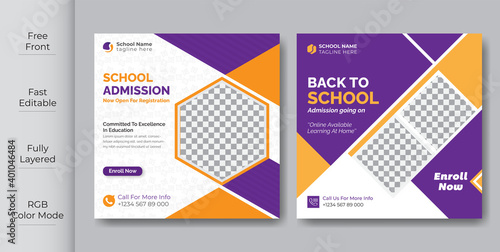 School Students Admission social media post, promotional discount Back to school admission social media post banner template Design.Back to School admission by social media Instagram,Facebook post kit