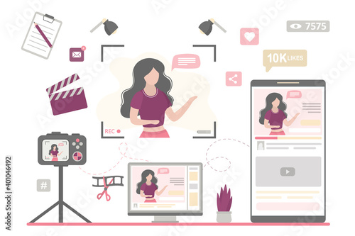 Woman freelancer makes video blog. Female blogger recording video, media content production. Streaming technology or online courses.