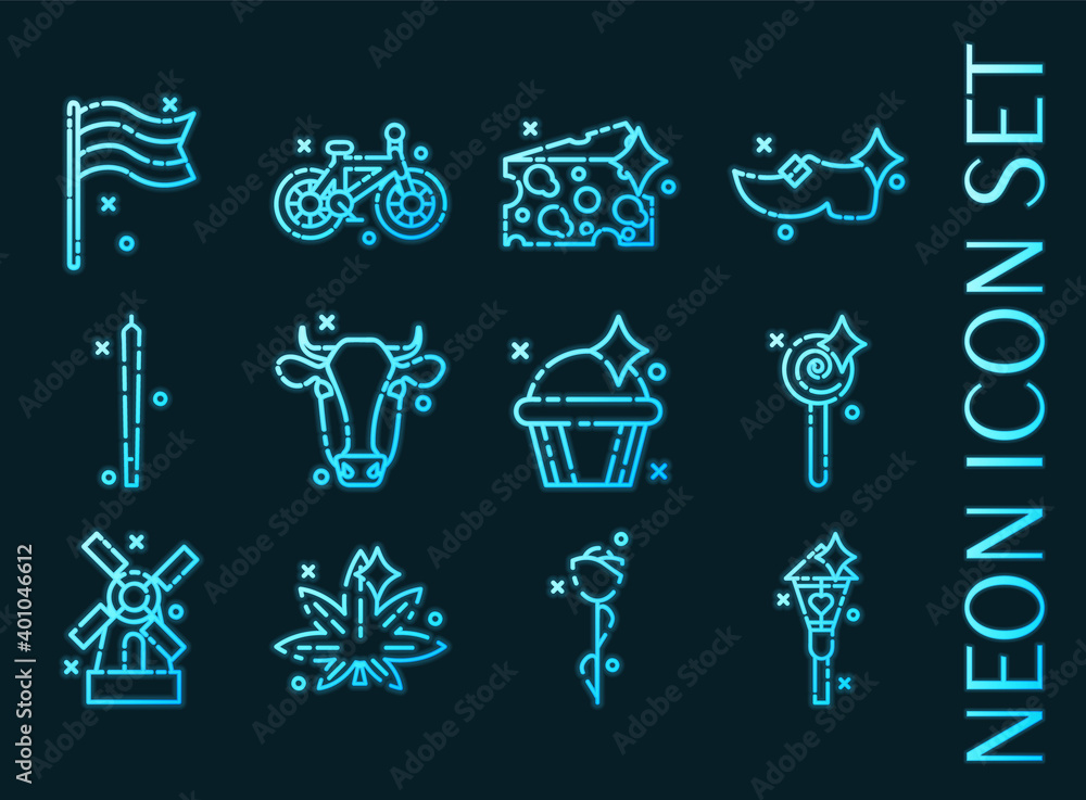 Fototapeta premium Holland set icons. Blue glowing neon style.