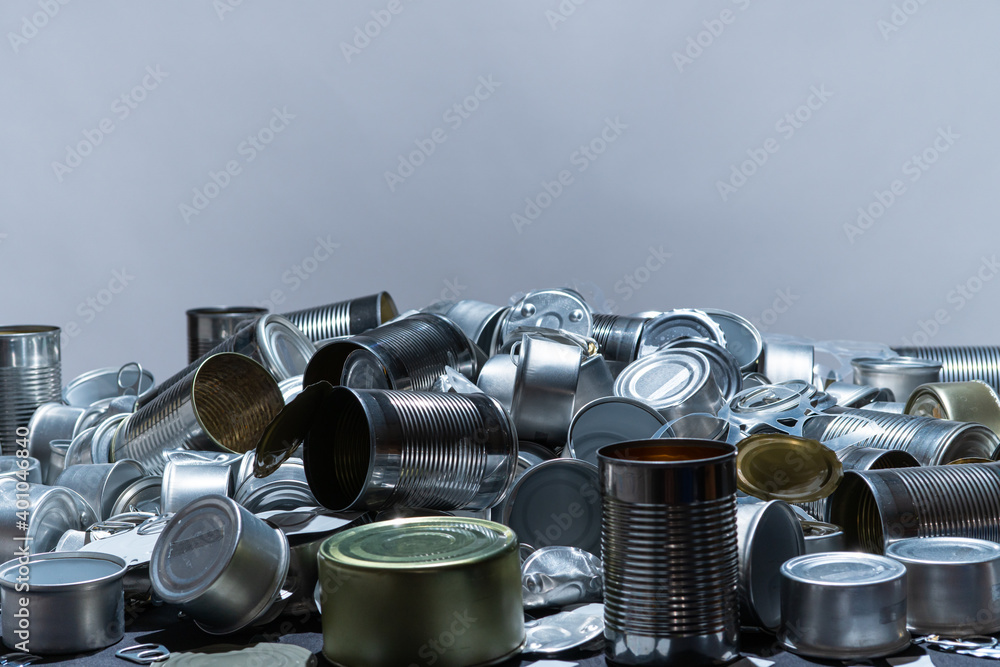 Recycle empty cans and tin. Aluminum soda cans and food jars. Sorted