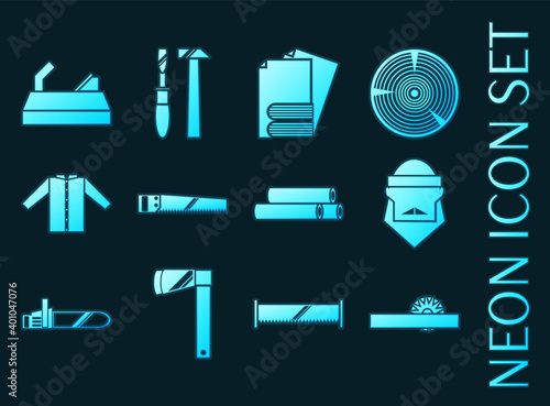 Lumberjack set icons. Blue glowing neon style.