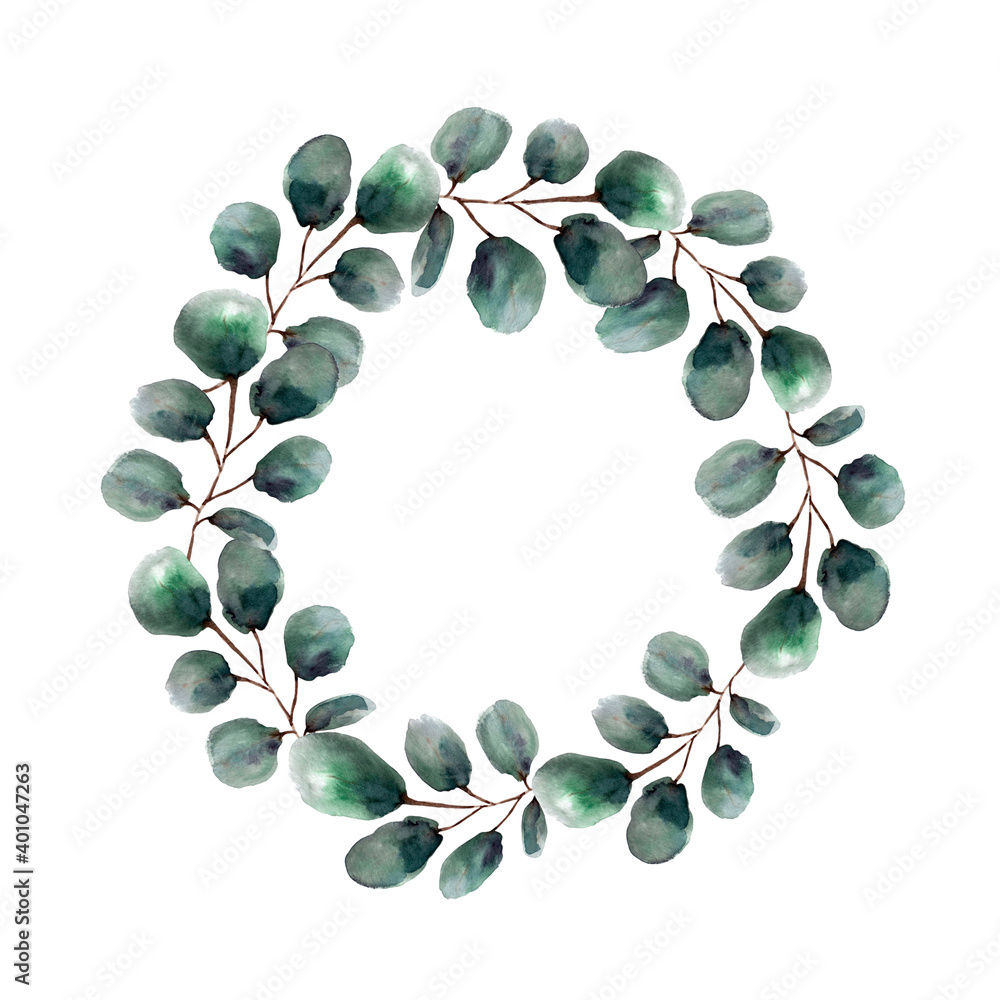 Watercolor floral wreath with vivid green leaves and branches. Hand ...