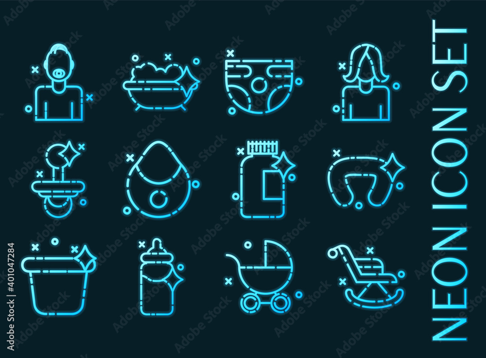 Motherhood set icons. Blue glowing neon style Motherhood set icons. Blue glowing neon style