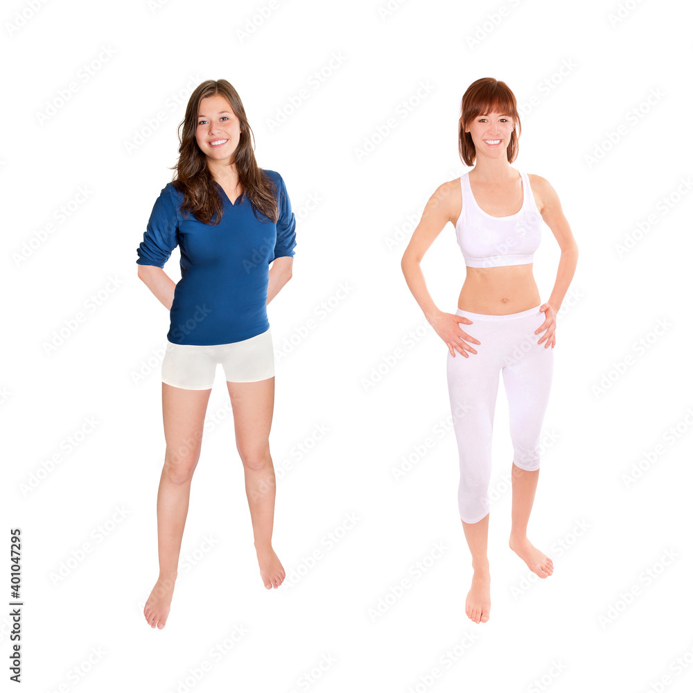 Two barefoot young women wearing sportswear, full length portraits isolated in front of white studio background Two barefoot young women wearing sportswear, full length portraits isolated in front of white studio background
