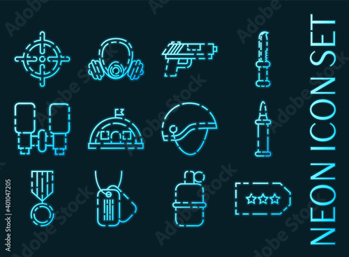 Military set icons. Blue glowing neon style.