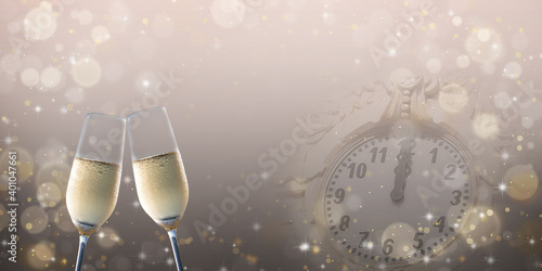 New Year's background. Toast with champagne and clock.