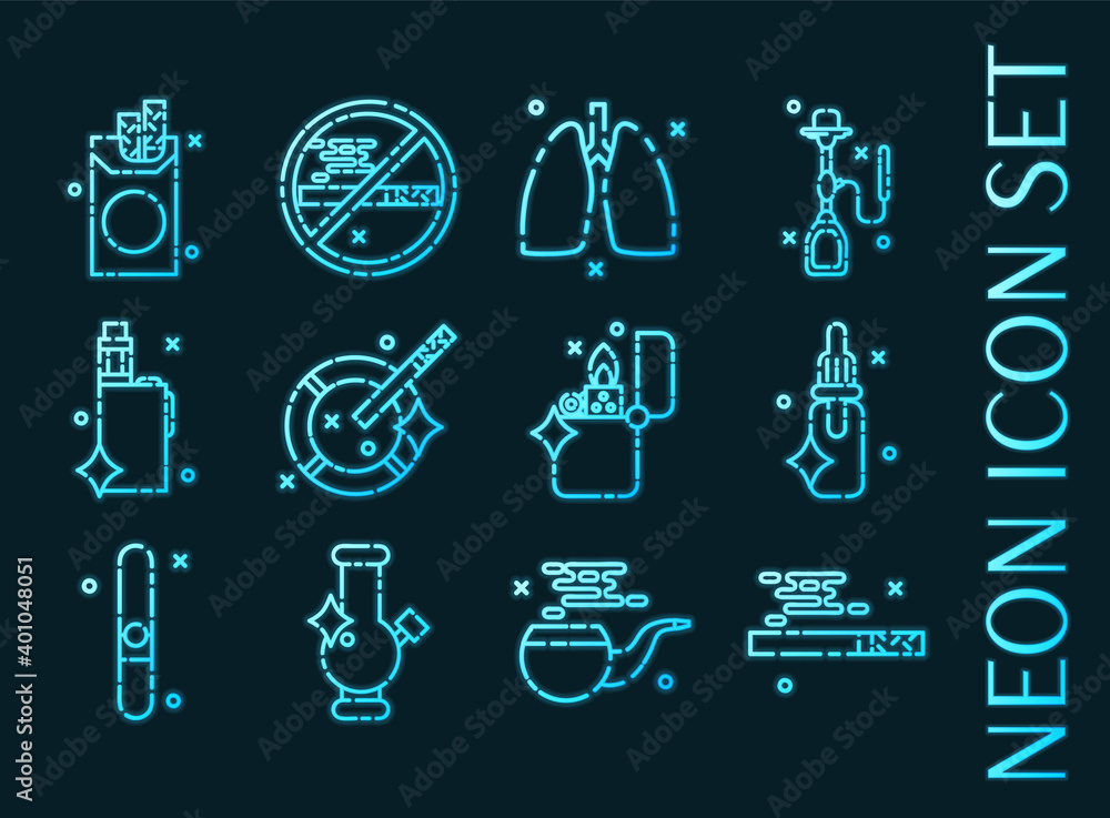 Smoking set icons. Blue glowing neon style. Smoking set icons. Blue glowing neon style.