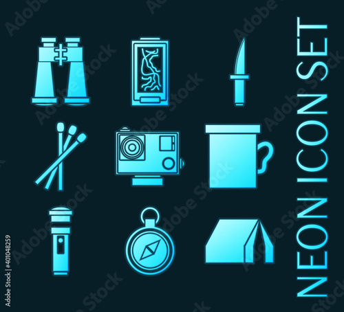 Set of Survival kit blue glowing neon icons.