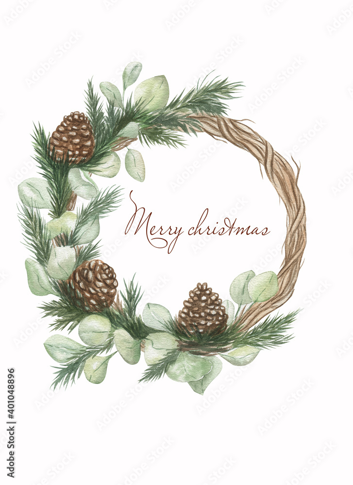 Fototapeta premium Christmas wreath.Watercolor illustration. Merry Christmas. New Year card.