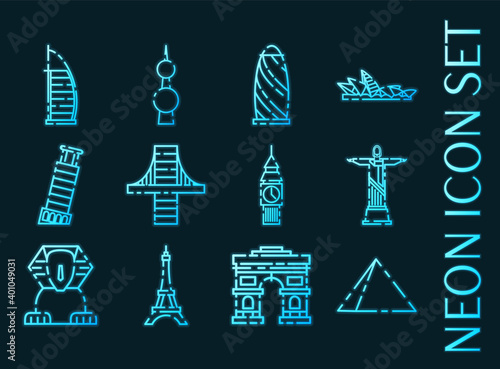 World landmarks set icons. Blue neon style.