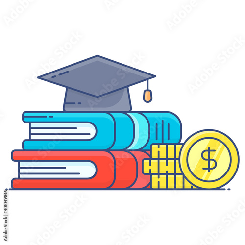 
Dollar coins with books and mortarboard, wealth of knowledge concept in flat outline vector style  

