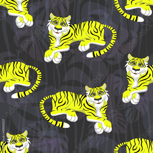 Cartoon smiling tiger and palm tropical leaves seamless pattern. Vector illustration.