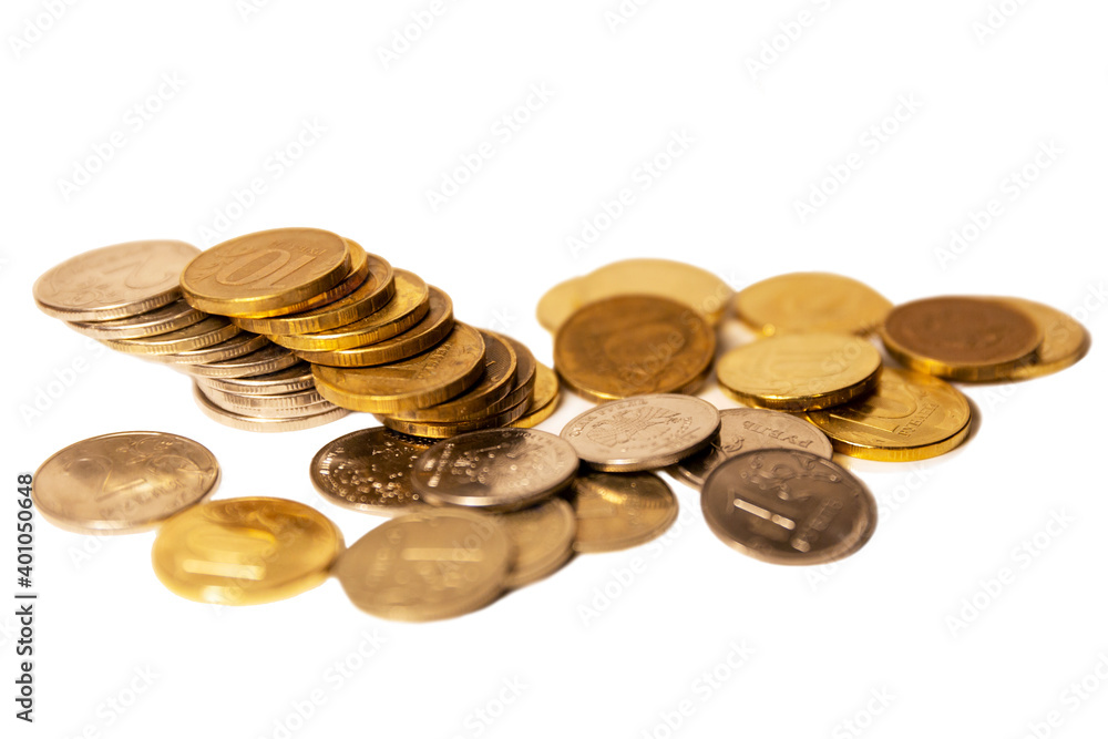 A stack of Russian coins of 10 rubles. Isolated on white background. Space for text. A stack of Russian coins of 10 rubles. Isolated on white background. Space for text.