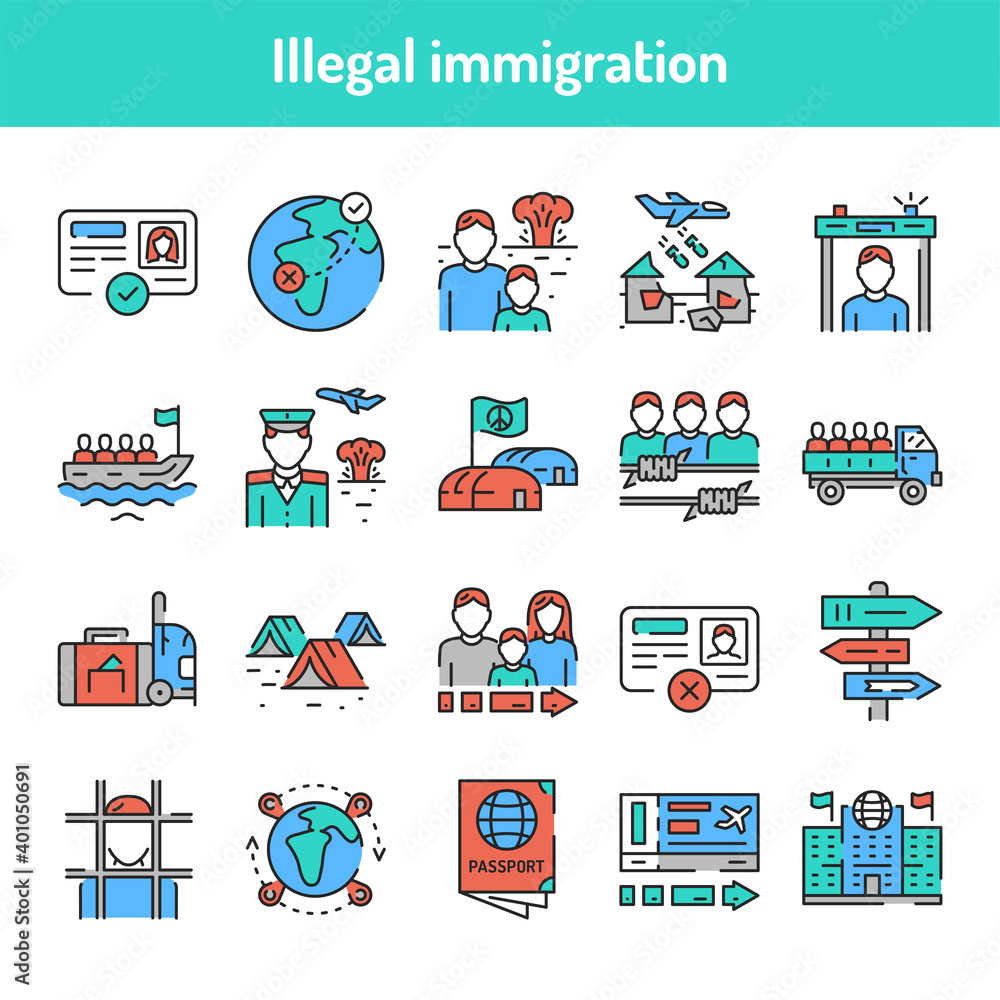 Obraz premium Illegal immigration color line icons set. Pictograms for web page