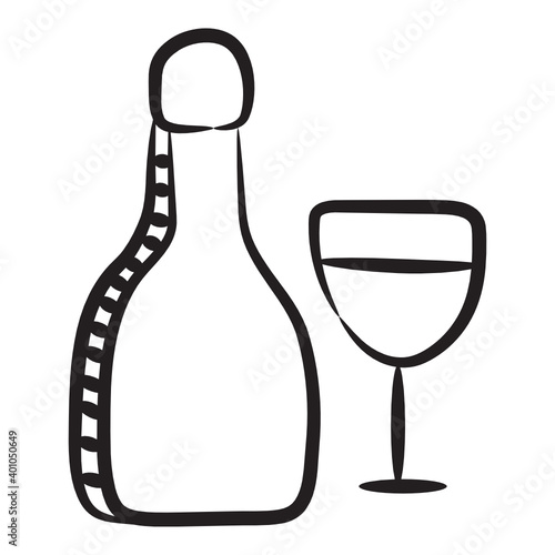 
Wine bottle with glass, alcoholic beverage doodle icon
