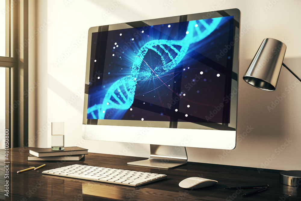 Creative light DNA illustration on modern computer monitor, science and biology concept. 3D Rendering Creative light DNA illustration on modern computer monitor, science and biology concept. 3D Rendering