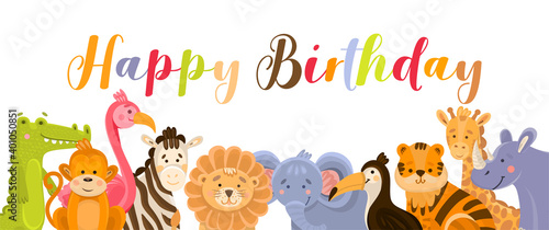 Fototapeta Naklejka Na Ścianę i Meble -  Birthday greeting cards with cute jungle animals. Vector illustration banner horizontal with crocodile, monkey, flamingo, zebra, lion, elephant, toucan, tiger, giraffe, rhino.