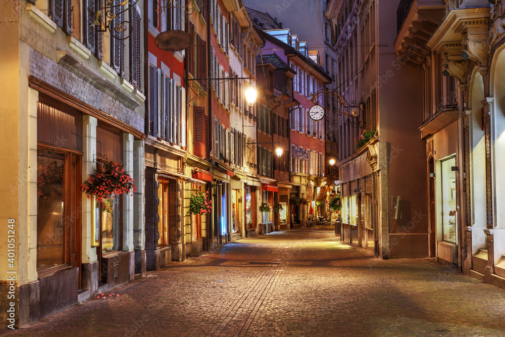Street at night in Vevey, Switzerland