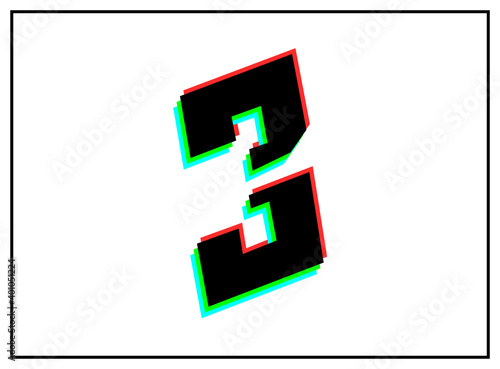 3 number font, vector desing logo.Dynamic, split-color, shadow of  number red, green, blue in black frame on white background. Eps10 illustration