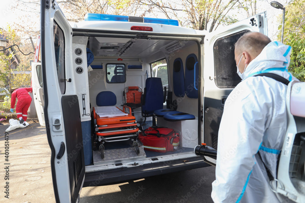 Cleaning and Disinfection for ambulance emergency transport - obrazy, fototapety, plakaty 