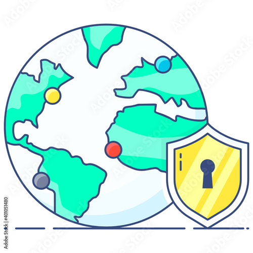  Globe with locked shield, global security icon 