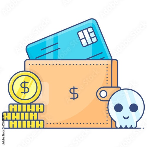 
Wallet with skull, flat outline design of money hacking icon
