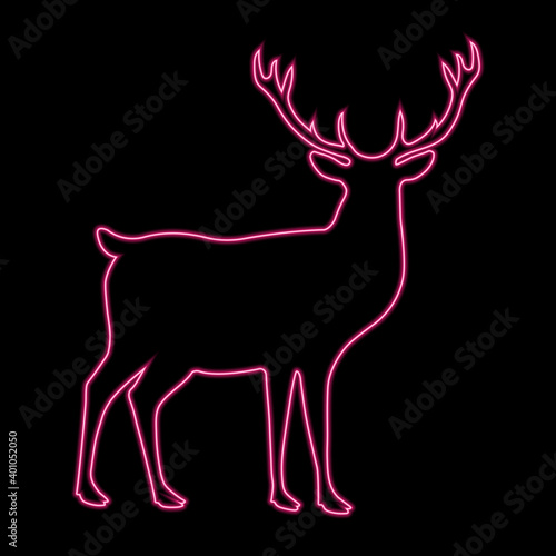 Deer neon silhouette isolated on black background. Wild animals, cute mammals.