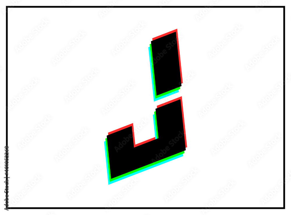 J letter font, vector desing logo.Dynamic, split-color, shadow of  number red, green, blue in black frame on white background. Eps10 illustration