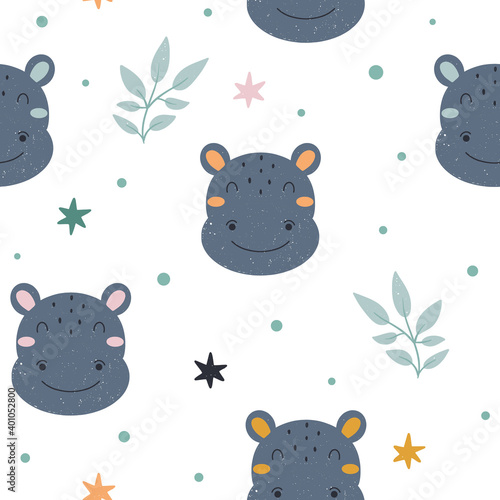 Cute childish seamless pattern with adorable hippo character with abstract elements around. Hand drawn Scandinavian style vector illustration.