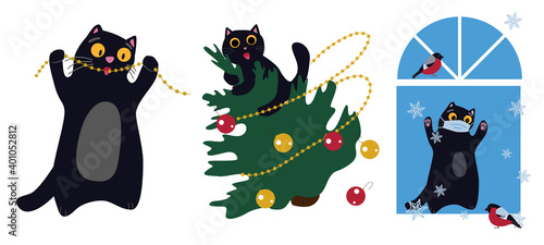 Set vector illustration. Safety of pets on New Year holidays. Funny cat drops Christmas tree. Crazy cat eats garland. Kitten in medical mask looking at birds in window.